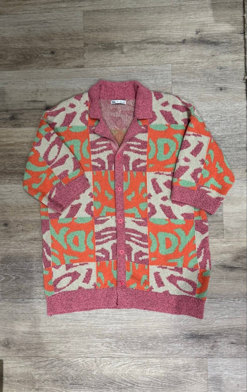 ZARA Patchwork Jacquard Knit Shirt Cardigan Mens Size L Oversized Colorblock